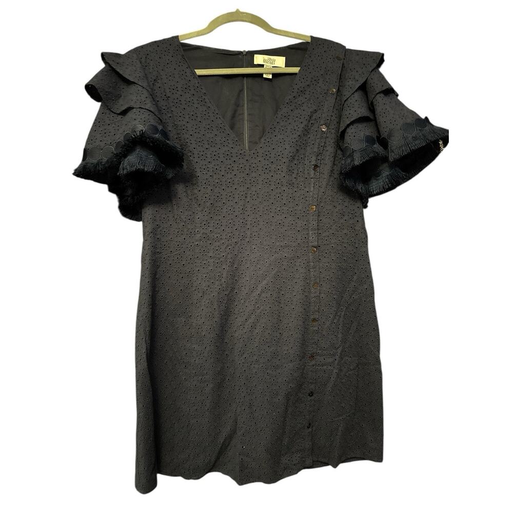 BELLE BADGLEY MISCHKA NAVY BLUE RUFFLE SLEEVES EYELET COTTON DRESS SZ 14